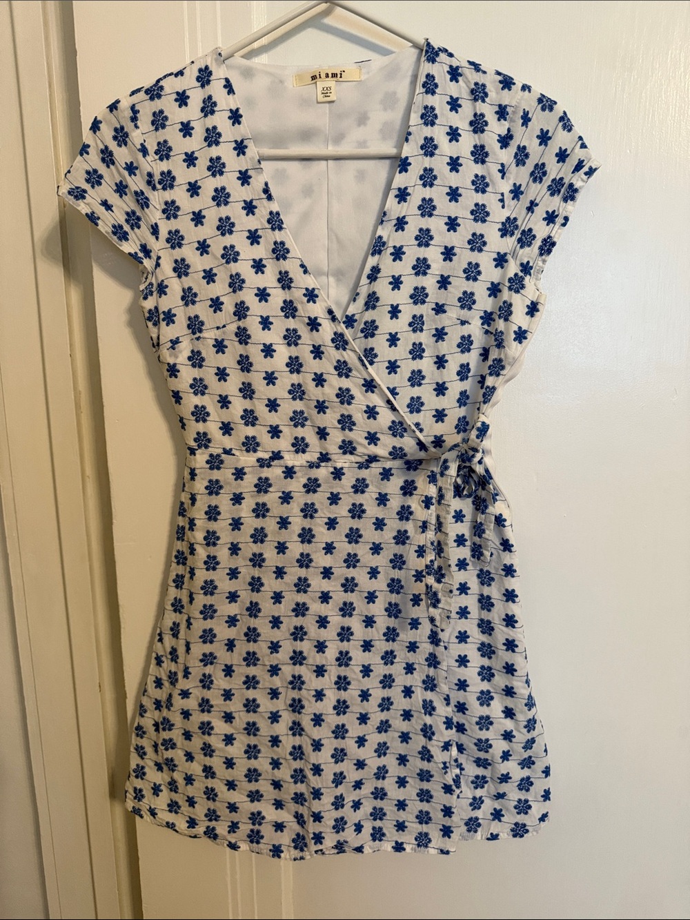 miami White Wrap Mini Dress with Blue Floral Print